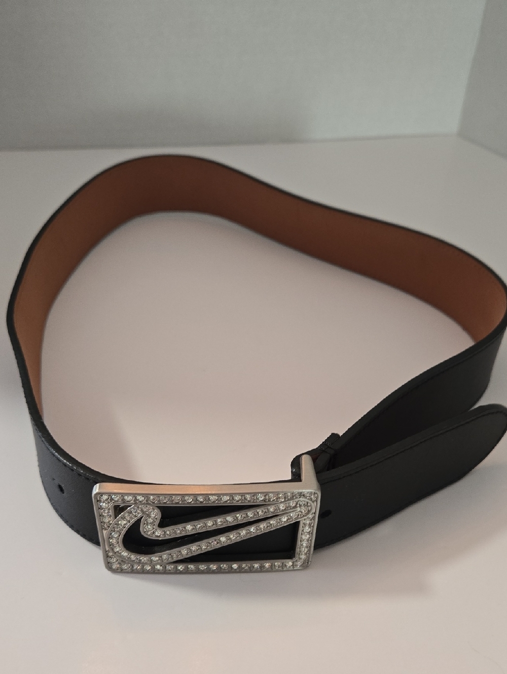 Nike Black Leather Belt with Crystal-Embellished Silver Swoosh Buckle